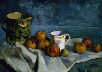 Stillleben mit Äpfeln, Tasse und Krug
